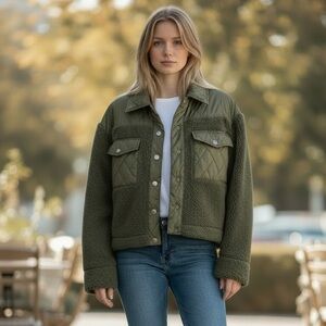 Steve Madden Olive Quilted Sherpa Cropped Jacket XS NWT Utility Snap Front Coat